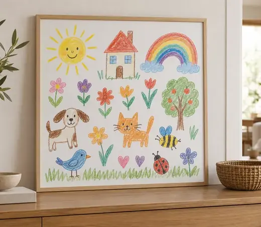 Kindertekeningenposter in een interieur — inspiratiebeeld