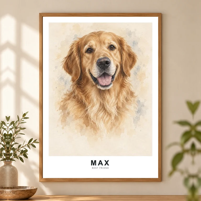 Aquarelportret van golden retriever Max met naam in een houten lijst.