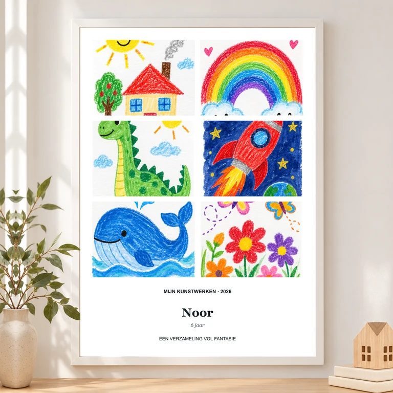 Zes kleurrijke kindertekeningen met naam Noor op een verzamelposter in een witte lijst.